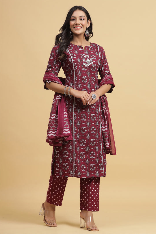 Maroon Ethnic Motifs Thread Work Pure Cotton Kurta set
