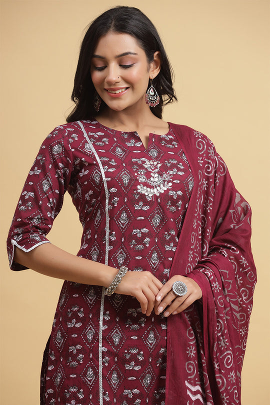 Maroon Ethnic Motifs Thread Work Pure Cotton Kurta set