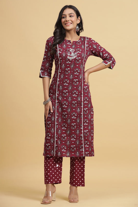 Maroon Ethnic Motifs Thread Work Pure Cotton Kurta set