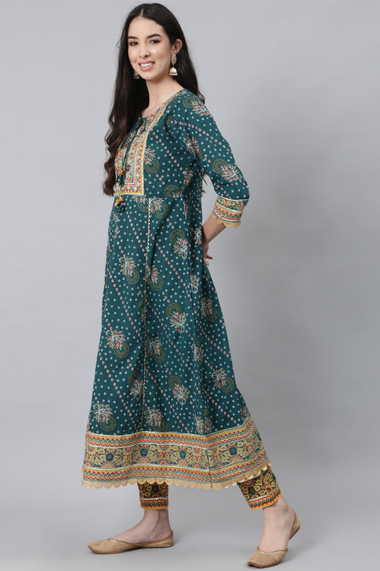 Teal Green Ethnic Cotton Kurta set