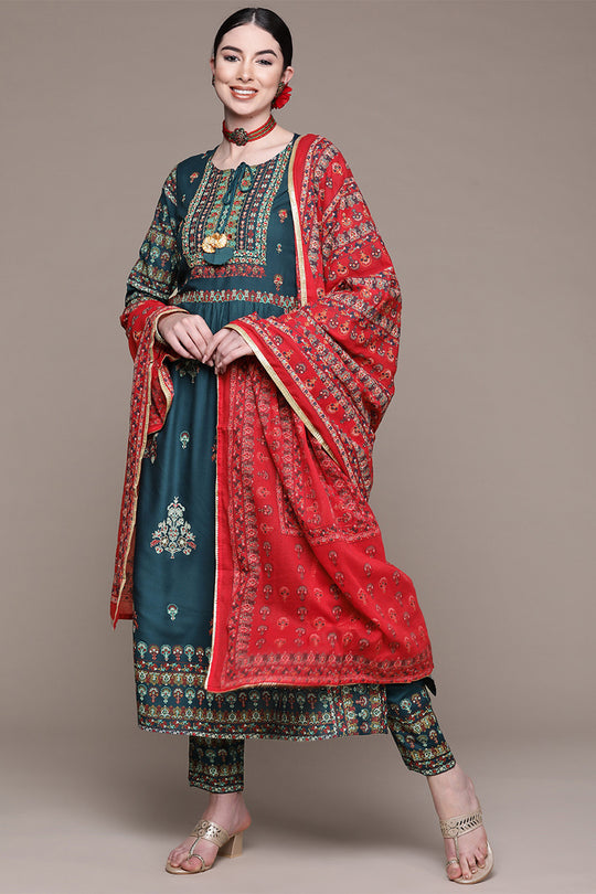 Teal Ethnic Motifs Thread Work Kurta set
