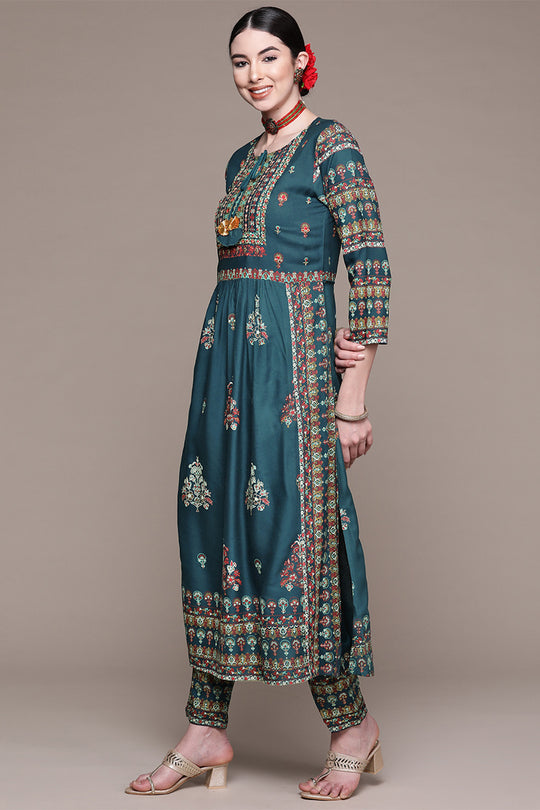 Teal Ethnic Motifs Thread Work Kurta set