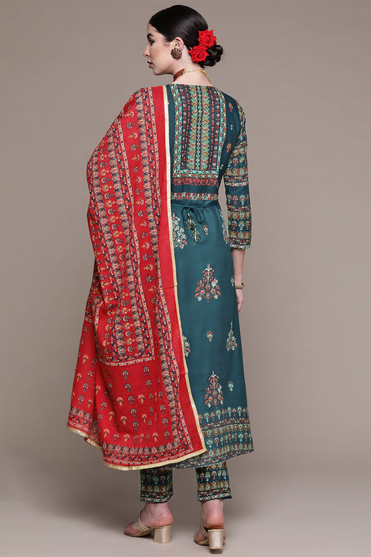 Teal Ethnic Motifs Thread Work Kurta set