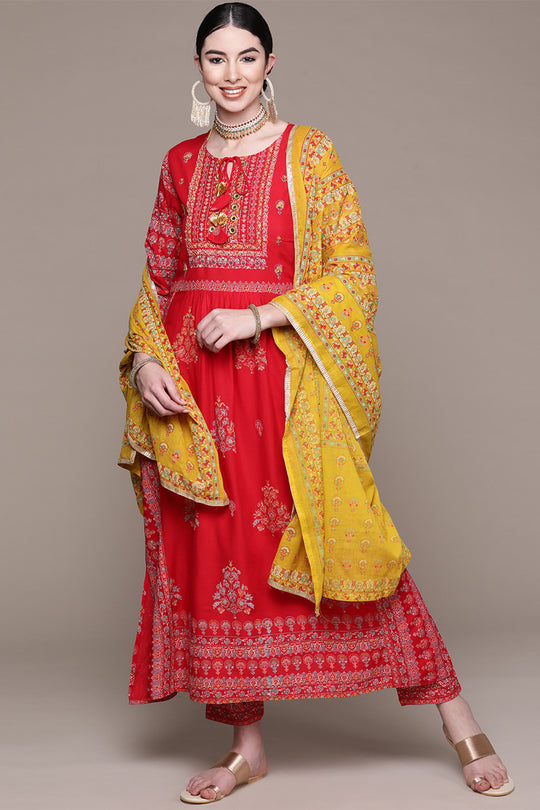 Red Ethnic Motifs Printed Thread Work Kurta set
