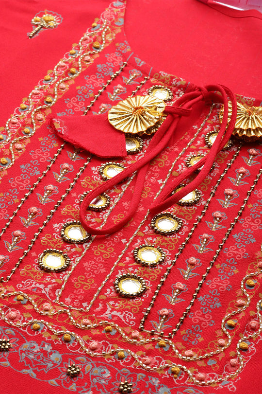 Red Ethnic Motifs Printed Thread Work Kurta set