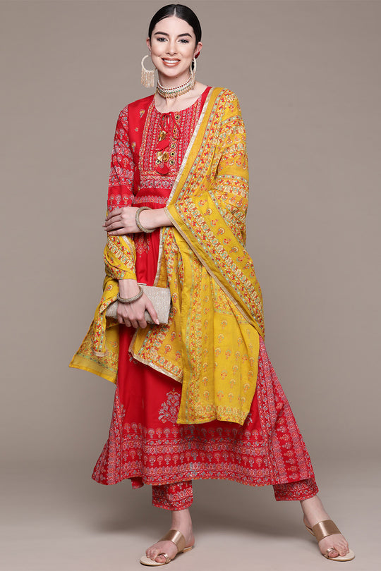 Red Ethnic Motifs Printed Thread Work Kurta set