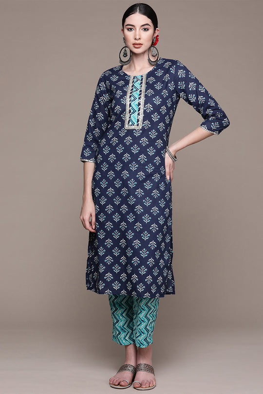 Blue Ethnic Motifs Printed Pure Cotton Kurta set