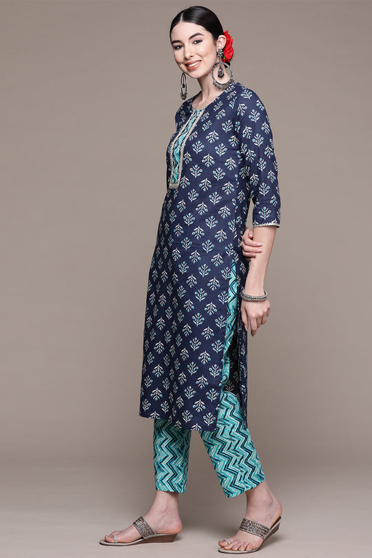 Blue Ethnic Motifs Printed Pure Cotton Kurta set