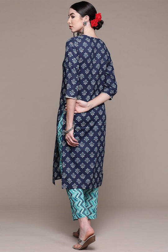 Blue Ethnic Motifs Printed Pure Cotton Kurta set