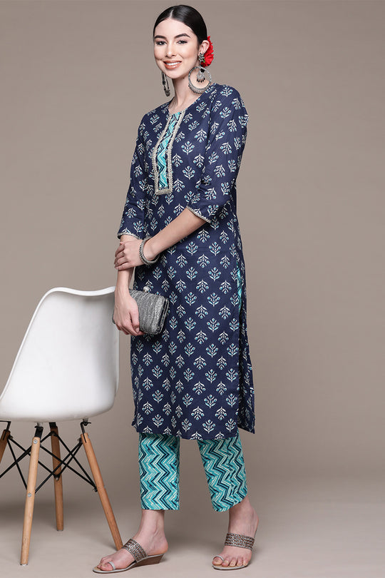 Blue Ethnic Motifs Printed Pure Cotton Kurta set
