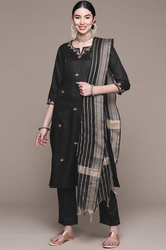 Black Floral Embroidered Thread Work Kurta set