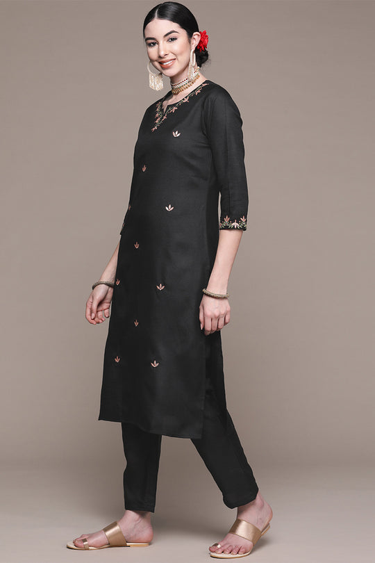 Black Floral Embroidered Thread Work Kurta set
