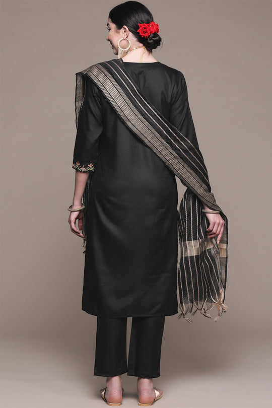 Black Floral Embroidered Thread Work Kurta set
