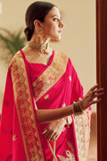 Womens Banarasi Silk Pink Saree With Blouse Piece