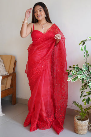 Red Organza Saree With Blouse Piece