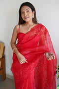 Red Organza Saree With Blouse Piece