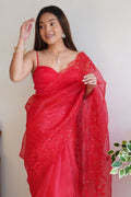 Red Organza Saree With Blouse Piece