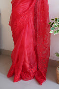 Red Organza Saree With Blouse Piece