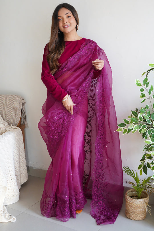 Wine Organza Saree With Blouse Piece