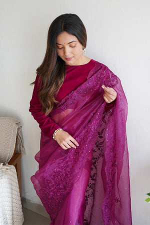 Wine Organza Saree With Blouse Piece