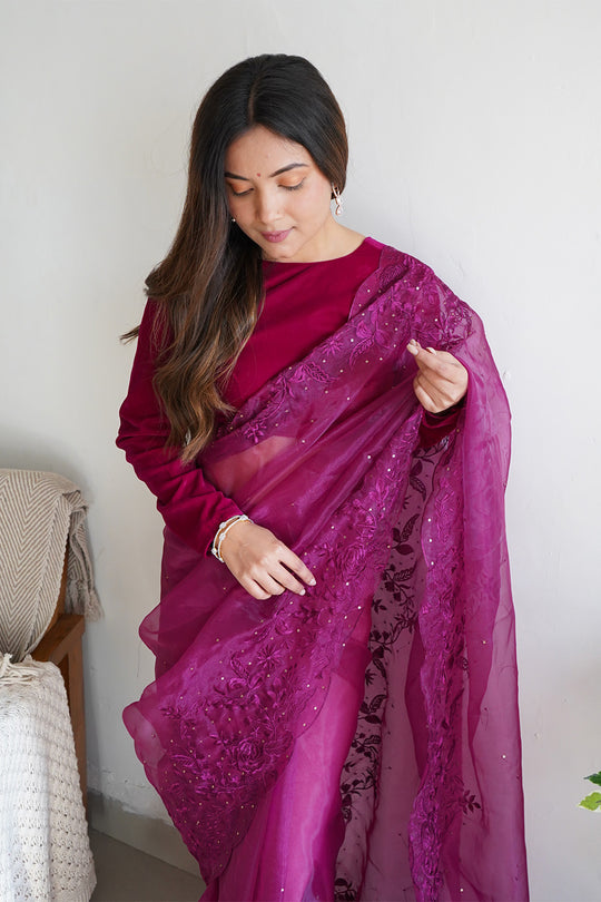 Wine Organza Saree With Blouse Piece