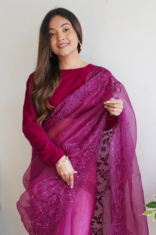 Wine Organza Saree With Blouse Piece