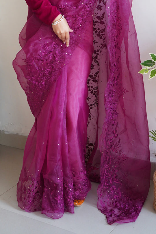 Wine Organza Saree With Blouse Piece