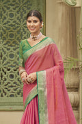 Pink Tussar silk Saree With Blouse Piece