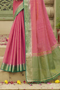 Pink Tussar silk Saree With Blouse Piece