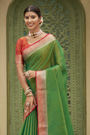 Green Tussar silk Saree With Blouse Piece