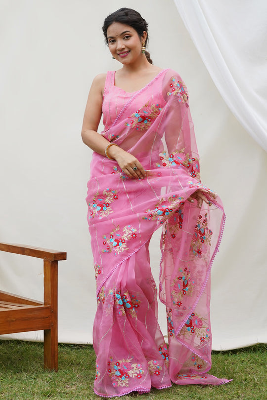 Pink Organza Saree With Blouse Piece