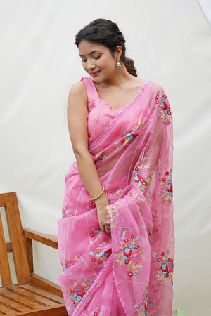 Pink Organza Saree With Blouse Piece