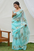 Sky Blue Organza Saree With Blouse Piece