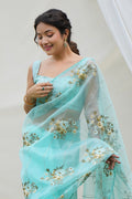 Sky Blue Organza Saree With Blouse Piece