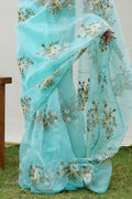 Sky Blue Organza Saree With Blouse Piece