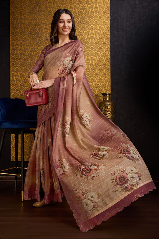 Brown Organza Saree With Blouse Piece