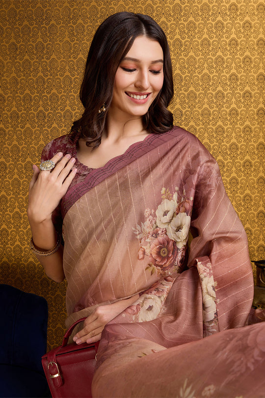 Brown Organza Saree With Blouse Piece