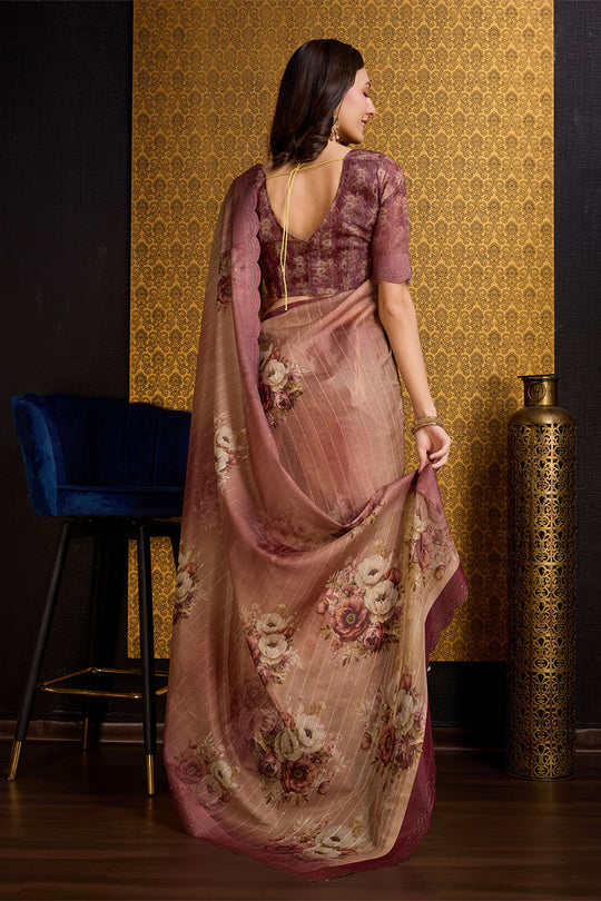 Brown Organza Saree With Blouse Piece