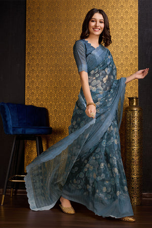 Blue Organza Saree With Blouse Piece