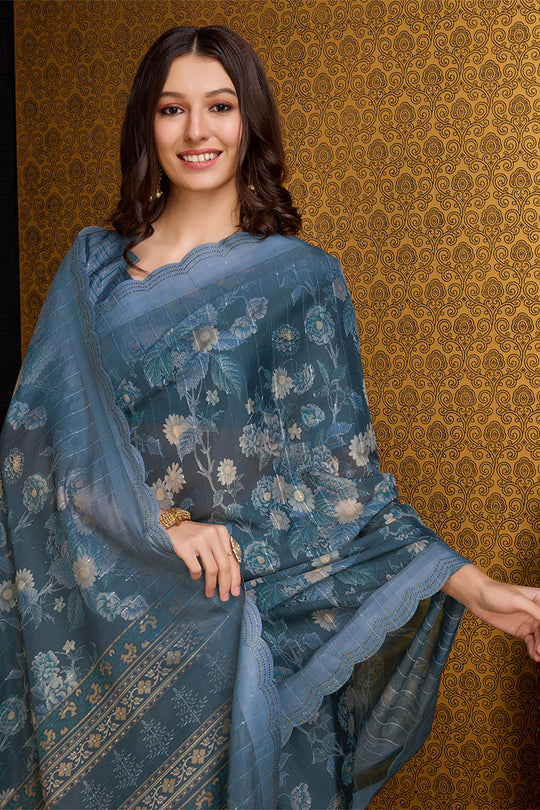 Blue Organza Saree With Blouse Piece