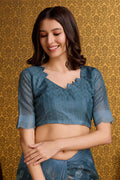 Blue Organza Saree With Blouse Piece