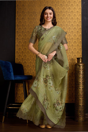 Green Organza Saree With Blouse Piece