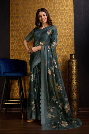 Green Organza Saree With Blouse Piece