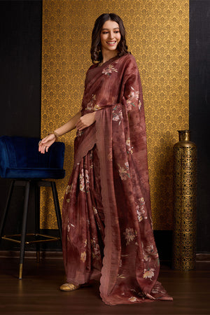 Rust Organza Saree With Blouse Piece