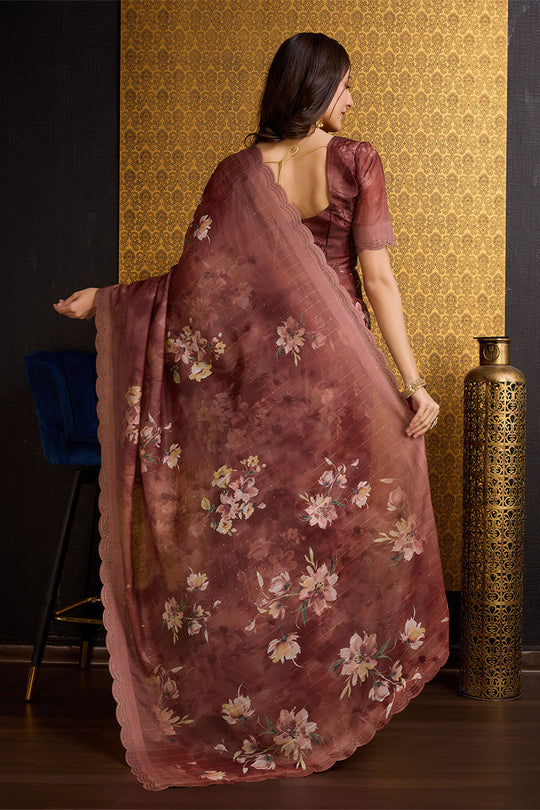 Rust Organza Saree With Blouse Piece
