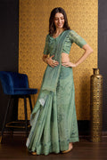 Sea Green Organza Saree With Blouse Piece