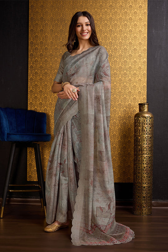 Grey Organza Saree With Blouse Piece