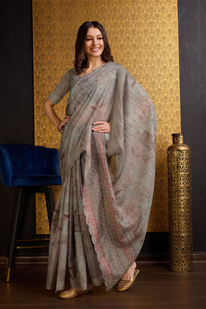 Grey Organza Saree With Blouse Piece