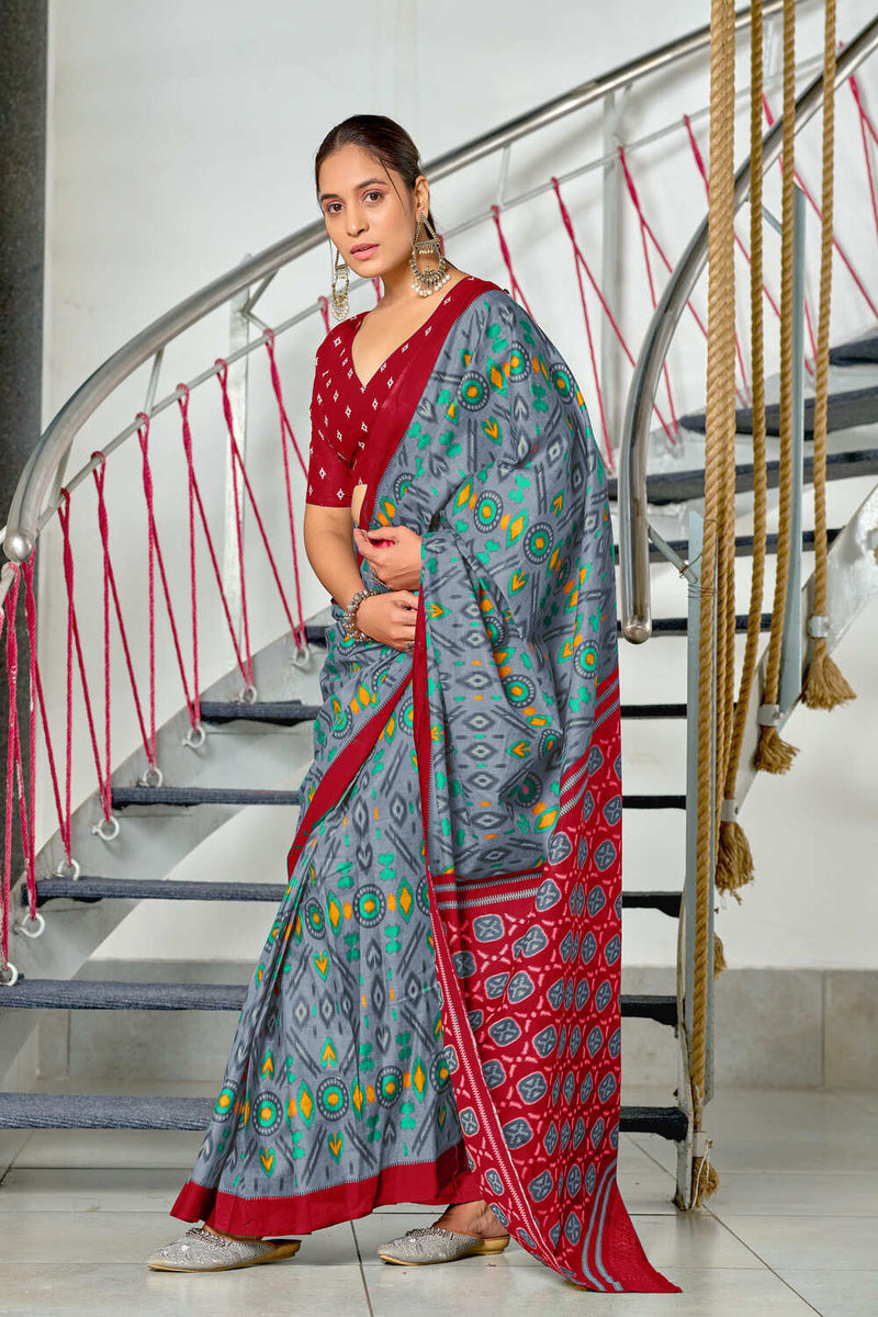 Design Kkat Buy Grey Kkat Test Block Print Mulmul Cotton Sarees Saree With Blouse ...