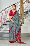 Grey Kkat Test Block Print Mulmul Cotton Sarees Saree With Blouse Piece